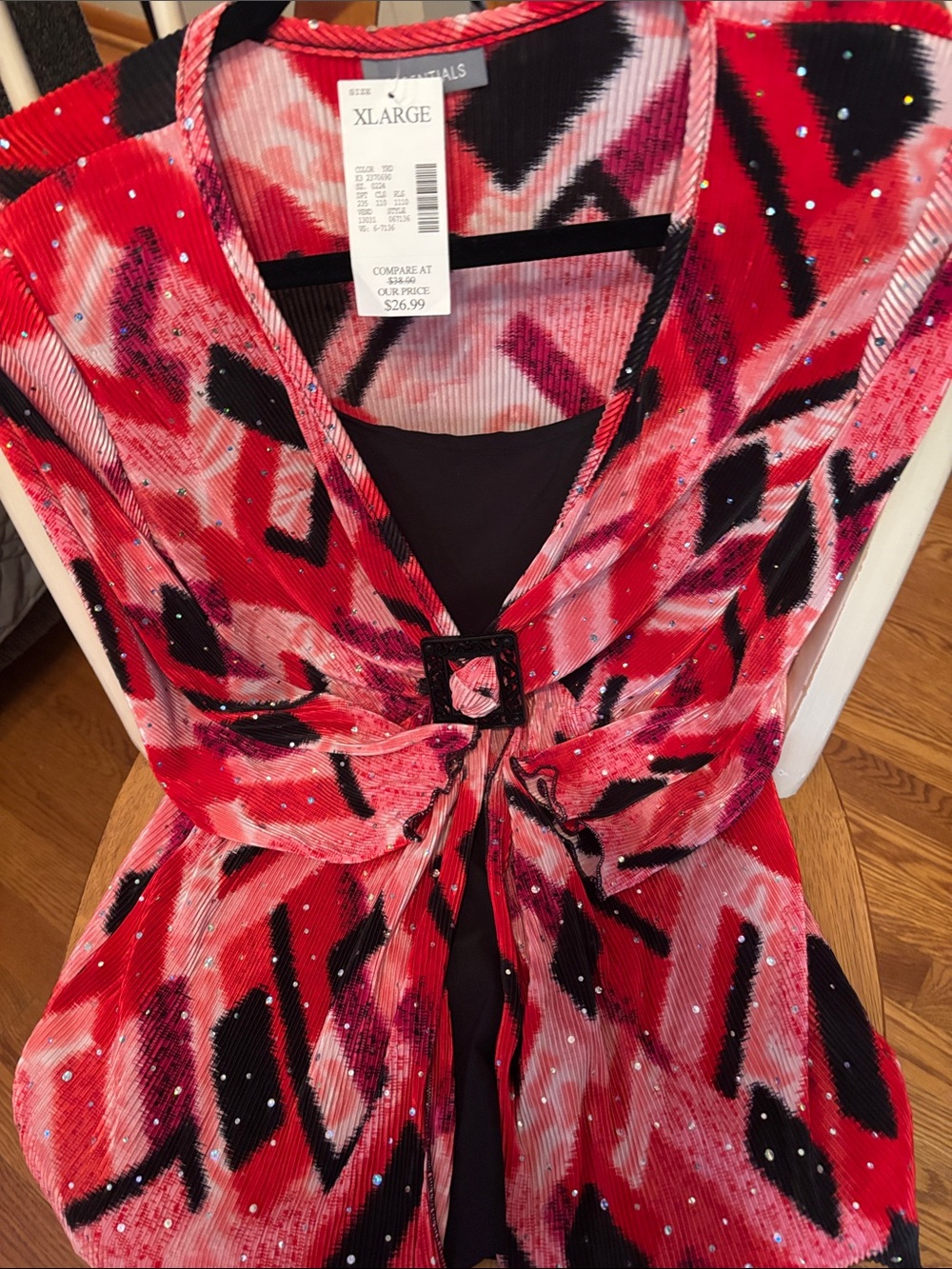 Essentials Red, Black & White Abstract Buckle Front Womens Top